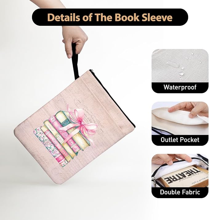 Romantic Reading Accessory Book Sleeve for Women Teen Reader, Pink Bow & Vintage Book Cover Gifts for Book Lovers with Zipper and Handle