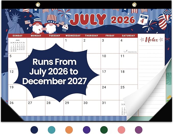 Desk Calendar 2026-2027, 18-Month Calendar Runs from July 2026 to December 2027, Large 17" x 12" Monthly Desktop & Wall Calendar for Home & Office - Watercolor Festival
