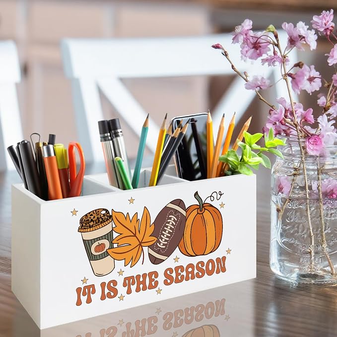 Fall Football Pen Holder for Desk, Autumn Coffee Pumpkin Maple Leaf Wooden Box Sign Desk Decor for Home Office Decoration, Rustic Fall Pencil Organizer, Football Lover Gifts