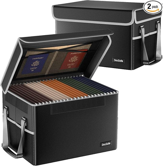 DocSafe File Box Fireproof File Storage Organizer with Lid,Collapsible Document Storage Filing Case for Hanging Letter/Legal Folders,Portable Home Office Safe Cabinet with Handle,Black,2 Pack