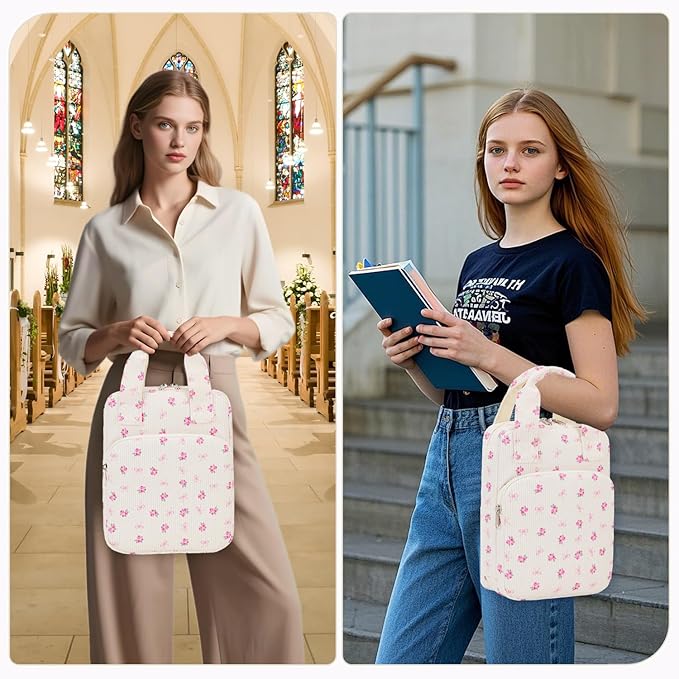 DSIUE Bible Cover Case for Women Gilrs Corduroy Bible Carrying Case Book Holder/Carrier/Bag with Handle and Pockets, Pink Floral