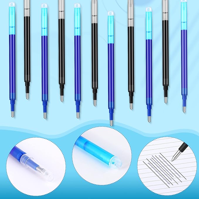 Zonon 24 Pcs Erasable Pen Refills 0.7 mm Gel Ink Refills Medium Fine Point Erasable Pens Lead for Writing Planner and Crossword Puzzles(Black, Blue)