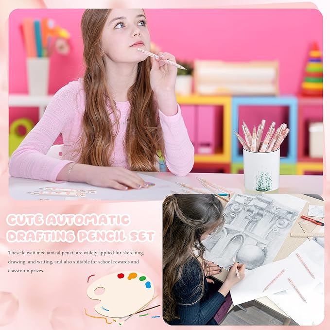 Breling 30 Pcs Kawaii Peach Mechanical Pencil Gift Set 12 Mechanical Japanese Pencils 6 Cute Peach Eraser 12 Tube HB Refill Graduation First Day of School Office Gift(0.5mm)