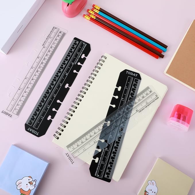 Ymapinc 4PCS Notebook Ruler,Clear A5 6-Ring Binder Ruler with Holes Book Marker & Measuring Tool for Notebooks, 8.7x1.8 Inch, Black & Transparent (Combo Pack)