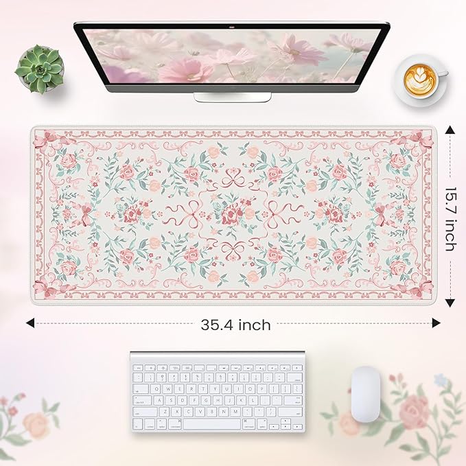 HAOCOO Pink Desktop Mat with Bow, Cute Large Mouse Pad for Office, Non-Slip Waterproof Desk Pad for Keyboard and Mouse, Floral Aesthetic Desktop Mat, Girly Home & Cubicle Supplies