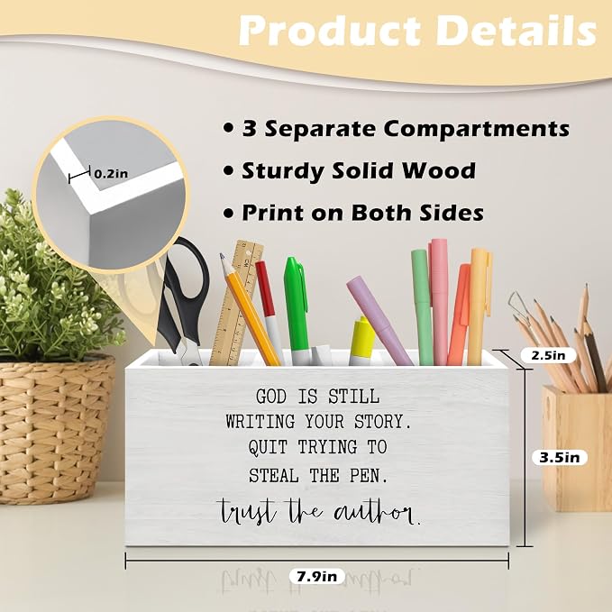 Inspirational Christian Pen Holder Organizer Desk Decor, Christian Gifts for Women, God Is Still Writing Your Story Bible Wooden Pen Pencil Holders for Home Office Desk Accessories