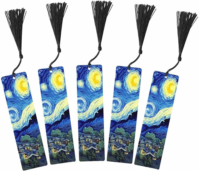 Starry Sky Bookmarks Set 5 with Tassels Blue Mysterious Painting Wooden Bookmarks for Reading Women Men Students Teachers School Supplies