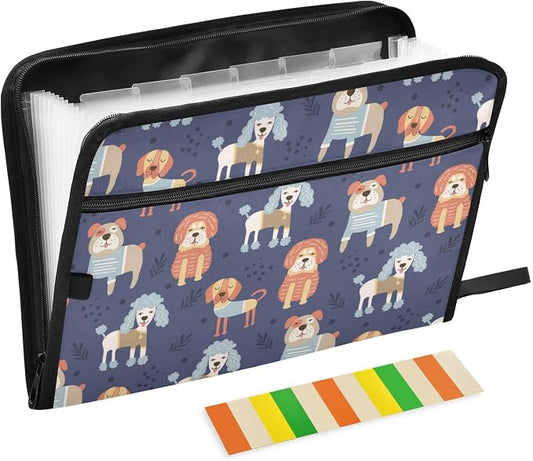 13 Pockets Expanding File Folder Poodle Dog Dogs Children with Sticky Labels Accordion File Folder Document Organizer Letter Size A4 Papers Expandable File Keeper