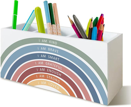 Boho Rainbow Teacher Classroom Decor Wooden Pen Pencil Holder for School Classroom Office Desk, Back to School Supplies for Teachers, Inspirational Teachers Gifts