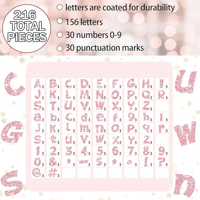 Colarr 216 Pcs Glitter Bulletin Board Letters for Classroom Number Alphabet Punctuation Symbol Cutout 4'' Die-Cut Poster Letter with Adhesive Dot School Party Holiday Decor Display(Light Pink)