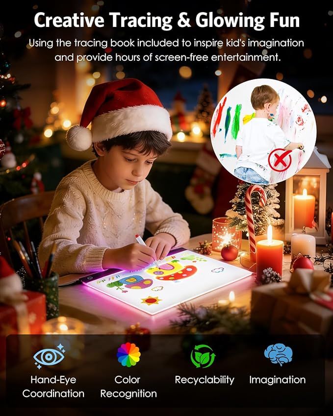 AMIR LED Note Board with Colors, 13.7“x10” LED Drawing Board Acrylic Dry Erase Board with 4 Light Colors, Brightness Adjustment, Stand, 7 Markers, 5 Copy Drawings Message Board for Home or Decor