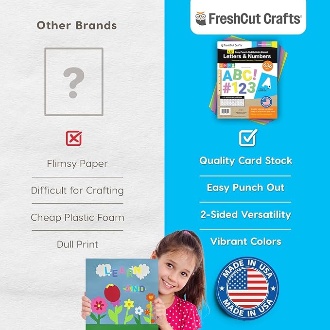 FreshCut Crafts 636 Pcs 1.5 in. Happy Colors Bulletin Board Letters & Numbers, Capital Alphabet, Numbers, Punctuation, US Made Card Stock Punch Out Letters for Posters, Bulletin Boards, Classroom