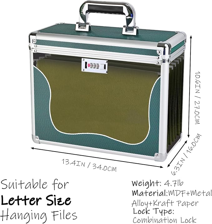 File Storage Cabinet for Letter Size Hanging File Folders, Suspension File Holder, Document Organizer Filing Lockbox in Office and Home with Combination Lock and 10-pack Hanging Files (Green, Letter)