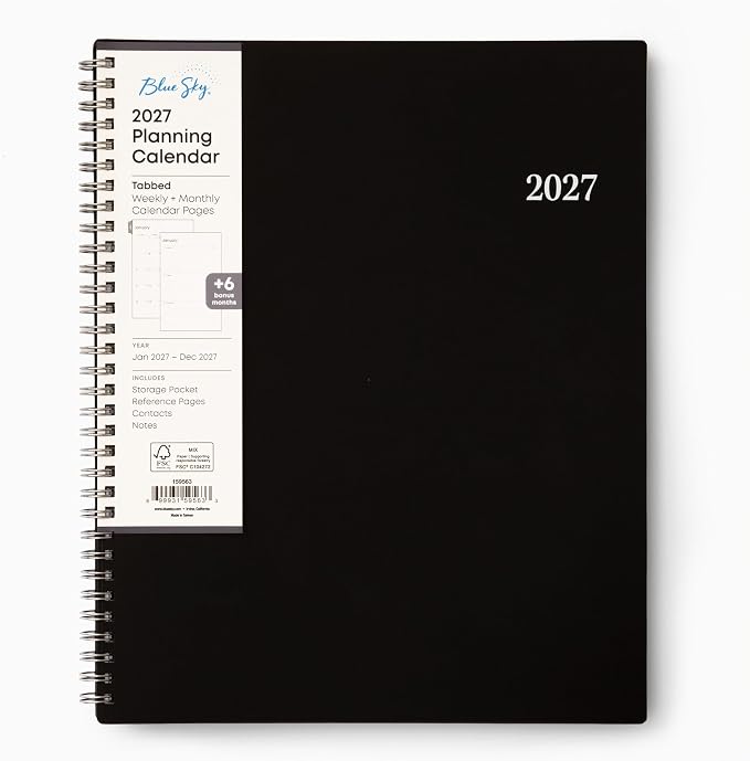 Blue Sky 2027 Weekly and Monthly Planner Calendar, Includes January 2027 - December 2027, 8.5" x 11", Flexible Cover, Wirebound, Laminated Tabs, Storage Pocket, Enterprise