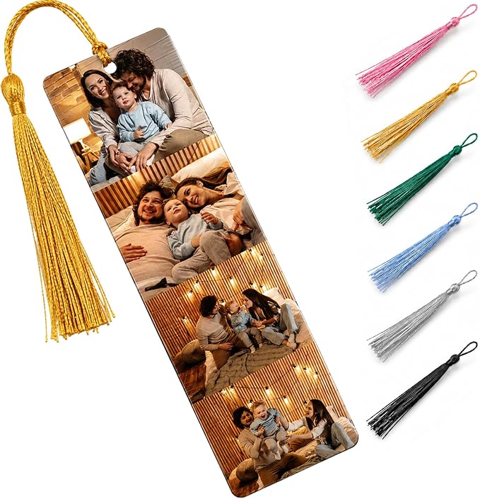 Personalized Photo Bookmark with Text, Custom Metal Page Marker with Tassel, Double Sided Aluminum Alloy Gift for Women Men Teachers Students and Book Lovers (4 Photos)