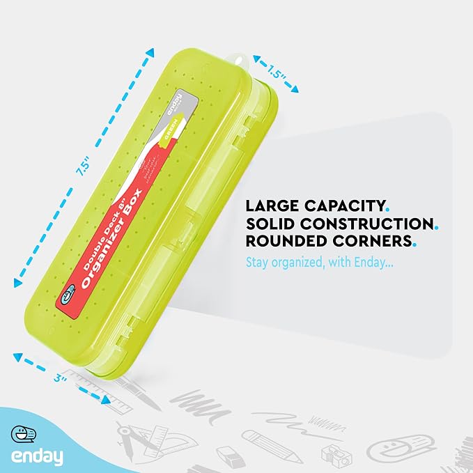 Enday Pencil Box Green, Plastic Double Deck Pencil Case with 7 Compartments, Box Organizer with Snap Closure for Home and Office