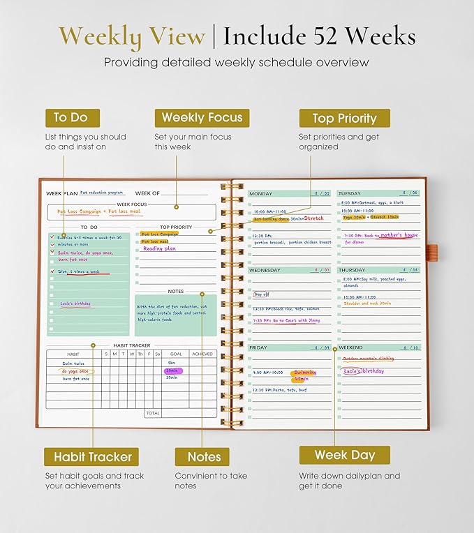 Undated Weekly and Monthly Planner, B5 Large Weekly To Do List Notebook with Goal & Habit Tracker Organizer, Hardcover Spiral Bound Blank Monthly Planner for Work School Home 7.4" x 9.64" Brown