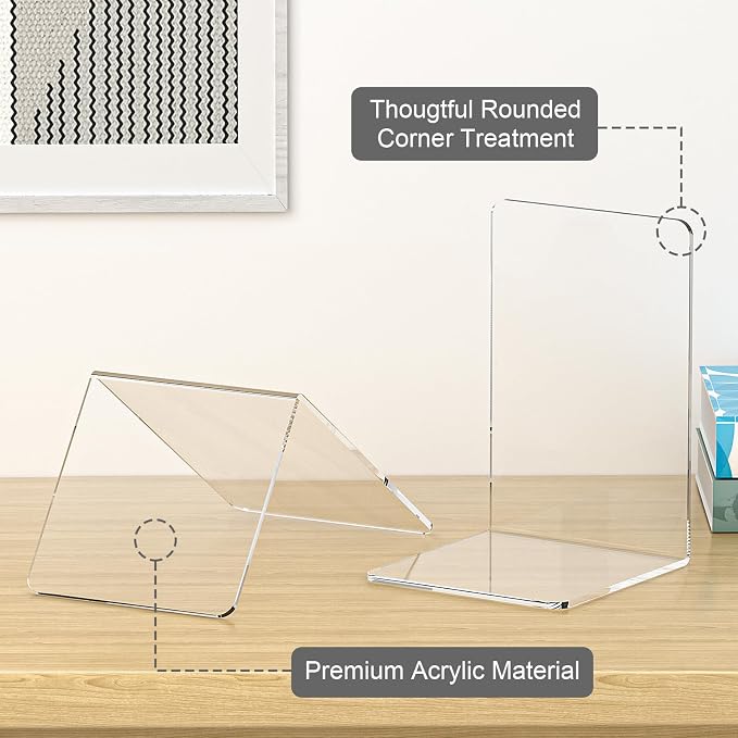 VFINE Acrylic Bookends 8 Pieces, Book Ends for Shelves, Clear Bookends for Shelves Decor Book Ends for Desktop Organizer, Book Stopper for Home Office School Supplies, 7 * 4.8 * 4.75 inch