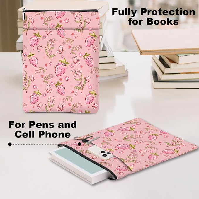 Book Sleeve Book Lovers Gifts Waterproof Books Pouch Protector Cover Gifts for Women Girls Bookworm Teacher Reader Librarian Birthday Graduation Christmas, Pink Floral Strawberry Butterfly Decor