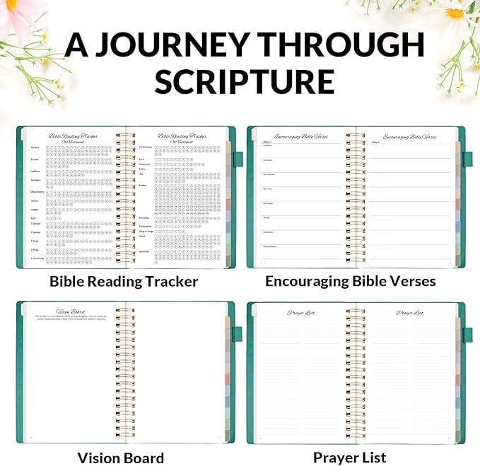SUNEE Christian Planner - Undated 12 Month Bible Journal and Prayer Planner A5 Spiral Bound, Monthly & Weekly Christian Organizer Gifts for Women Men (Pacific Green)