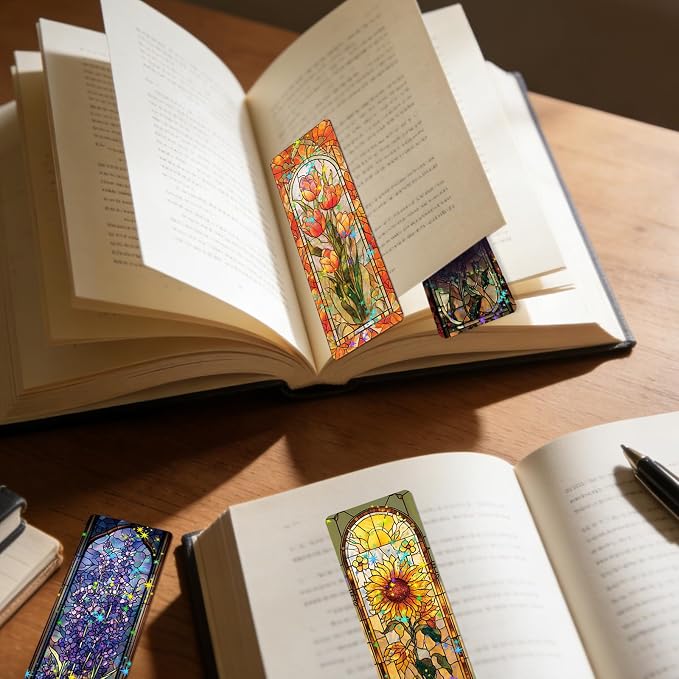 48 Pcs Stained Glass Bookmarks, Colorful Glass Flower Paper Bookmark Bulk for Women Man, Aesthetic Floral Book Mark Gift for Reading Lovers Library Accessories