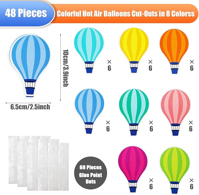 48 Pieces Hot Air Balloons Cutouts Bulletin Board Decorations Paper Balloon Cut Outs Assorted Color Hot Air Balloon Accent Name Tag Label for Kids School Office Supplies Back to School Classroom Decor