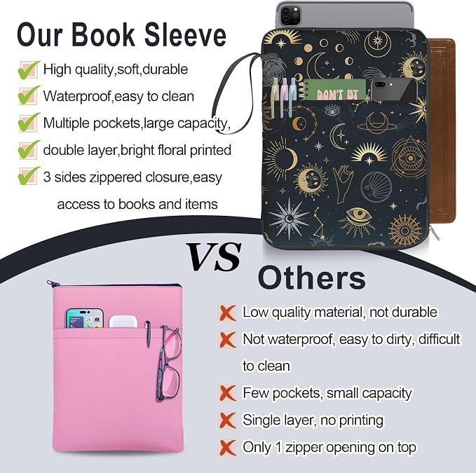 Sun and Moon Book Sleeve Cover, Mysterious Tarot Eye Protector Case With Zipper, PU Leather Waterproof Cover Bag, Portable Pouch for Paperback Hardcover Lovers Gifts
