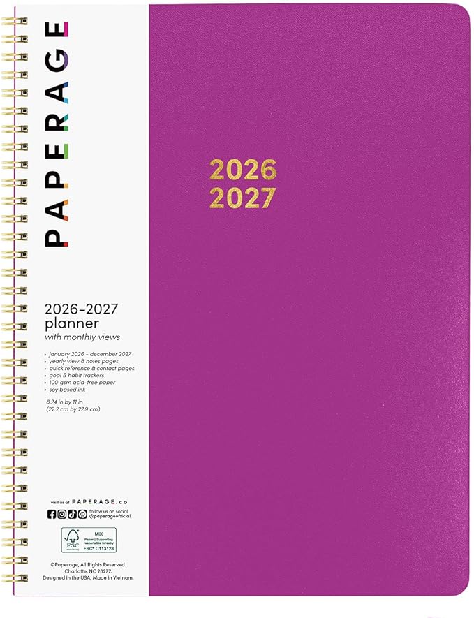 PAPERAGE 2 Year Monthly & Yearly Planner, 24 Months (January 2026 - December 2027), 8.5 in x 11 in, Spiral Bound 2026-2027 Planner with Monthly & Yearly Views, Note Pages & Trackers - Raspberry