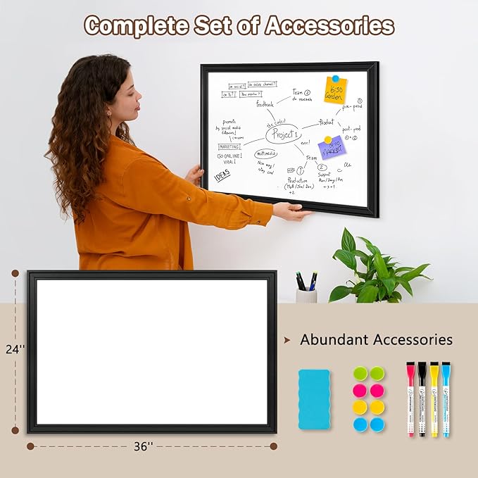 DOLLAR BOSS Magnetic Whiteboard for Wall 36" x 24" Vintage Wood Framed White Board Decorative Dry Erase Board for Home Office Shop Decor Display with 4 Markers, 8 Magnets, 1 Eraser, Black