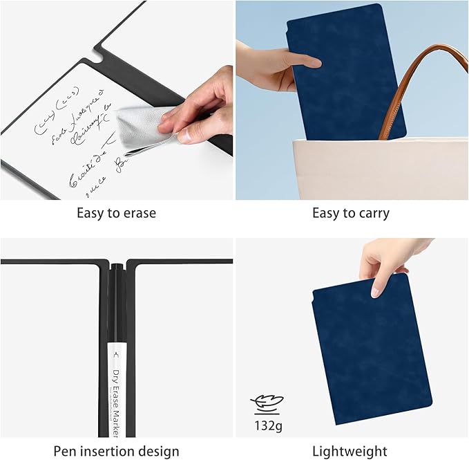 SAYEEC Whiteboard Notebook, Portable Dry Erase Board Fineliner Pens, PU Cover Erasable Handheld White Board Reusable Drawing Notebook Easel Pad for Meeting Business Office School (Navy Blue)