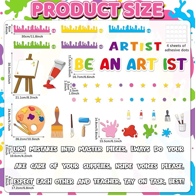 Art Bulletin Board Decorations Set Colorful Back to School Classroom Decorations Be an Artist Motivational Paint Splatter Paper Cutouts March Bulletin Board for School Wall Door Decor Supplies