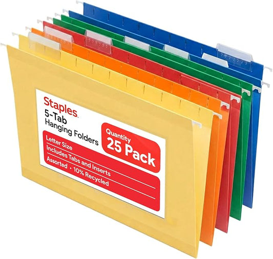 Staples Hanging File Folders, Letter Size, 1/5‑Cut Tabs, Assorted Colors, Adjustable Tabs with Paper Inserts – 25/Pack