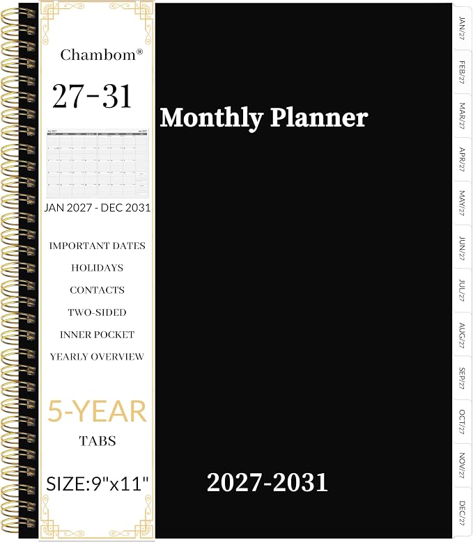 2027-2031 Monthly Planner 5 Year Monthly Planner/Calendar 2027-2031, Jan 2027 – Dec 2031, 9" x 11", Tabs, Double-Side Pocket, Holidays, Thick Paper - Black