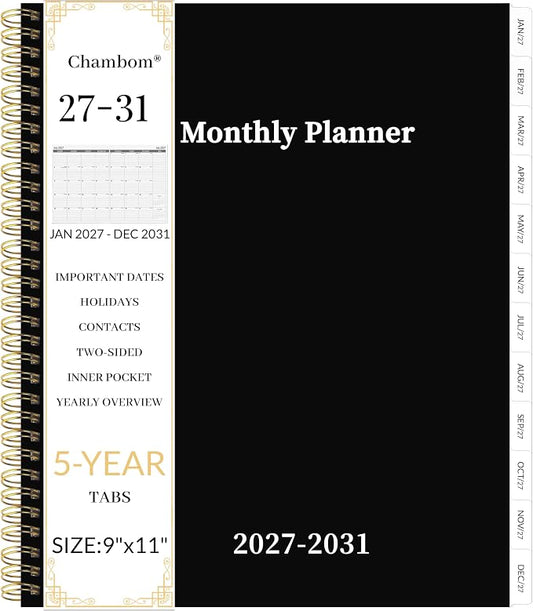 2027-2031 Monthly Planner 5 Year Monthly Planner/Calendar 2027-2031, Jan 2027 – Dec 2031, 9" x 11", Tabs, Double-Side Pocket, Holidays, Thick Paper - Black