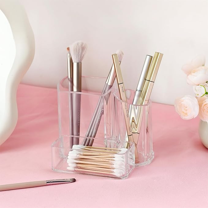 Clear Acrylic Pencil Pen Dry Erase Marker Holder Cup, Makeup Brush Holder Acrylic Desk Accessories, Plastic Silverware Utensil Holder for Office, Party Bedroom Bathroom Dorm (Clear, 3 Compartments)