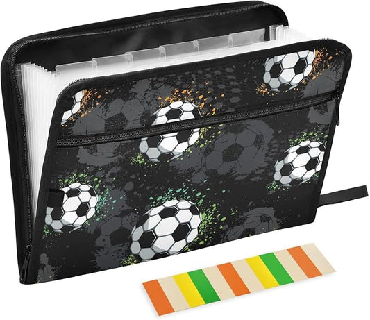 Grunge Urban Soccer Ball File Folders, Plastic Folders with 13 Pockets, Expandable File Folder for Documents School Students Office, Aesthetic Folder with Labels A4 Letter Size