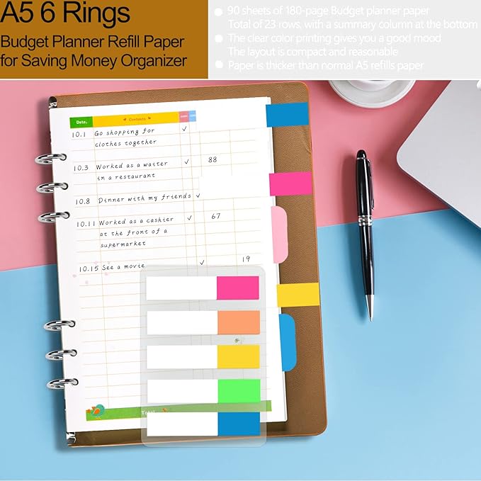Rancco A5 Budget Planner Refill Paper, 90 Pages Colorful 6-Ring Binder Expense Tracker Inner Page Financial Planner w/Binder Divider, Pouch, Ruler, Index Tab for Budgeting Book, Double-sided,8.3x5.6"