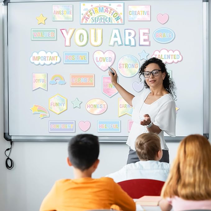 Pastel Affirmation Station Motivational Bulletin Board Set Pastel Rainbow Bulletin Board for Classroom Wall Decor Positive Affirmations Station Posters Mental Health Cutouts for Classroom Mirror Decor