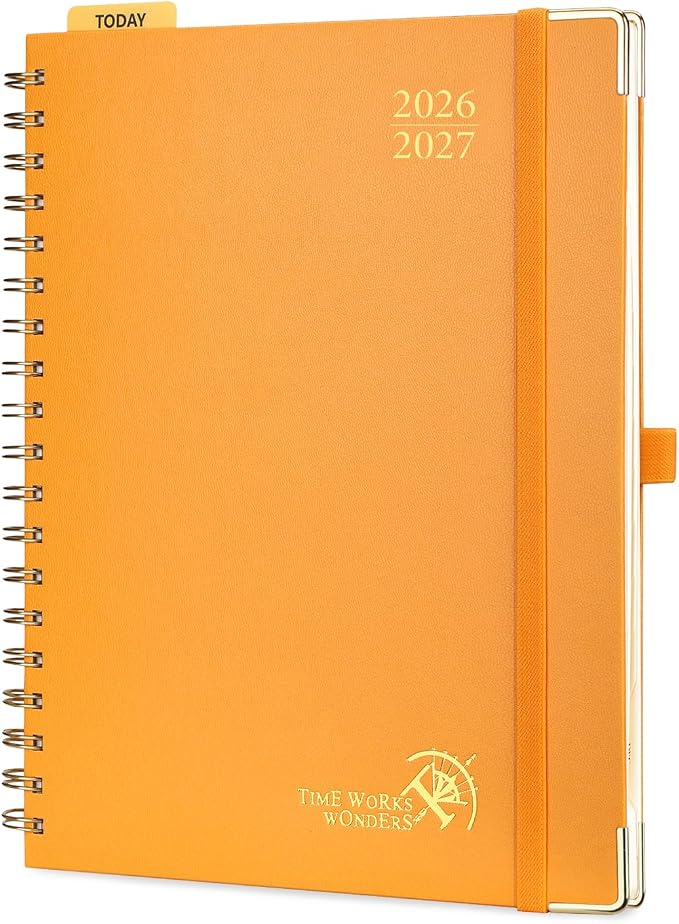 POPRUN 2026-2027 Academic Year Weekly and Monthly Planner Calendar,Jul 2026 - Jun 2027，10" x 8"， Daily Agenda Book & Appointment Book with Hourly Schedule, Tabs, Hardcover, School and Office Supplies - Orange
