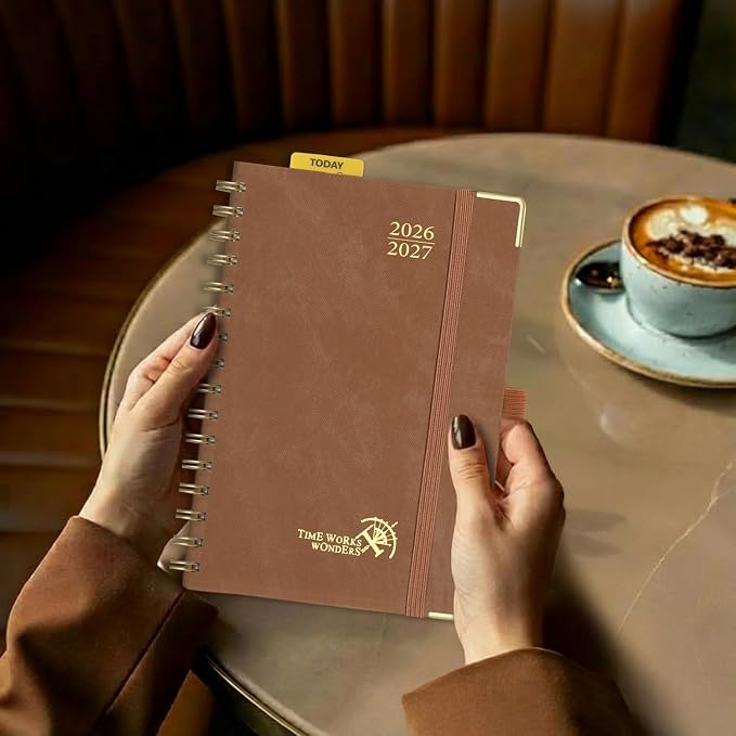 POPRUN Daily Planner 2026-2027 One Page Per Day (6" x 8.5"), 12 Months Hourly Appointment Book (July 26-June 27) Academic Planner Calendar Book with Inner Pocket, Spiral Hardcover - Brown