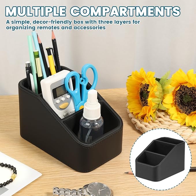 PU Remote Control Holder, Remote Caddy Box with 3 Compartments for Nightstand Bedside Table Couch Desk, Small Storage Organizer for Glasses,Pens,Cosmetics,Office Supply
