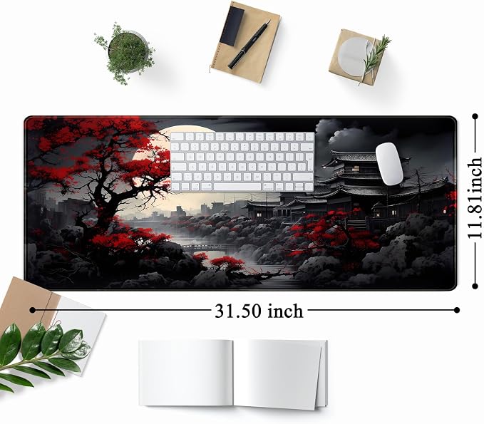 Riverside Full Moon Desk Mat Japanese Desk Pad Black Red Large Mouse Pad Gaming Mousepad Extended XXL Keyboard Pad 31.5 x 11.8 in Laptop Computer Mouse Keyboard Mat for Office Decor