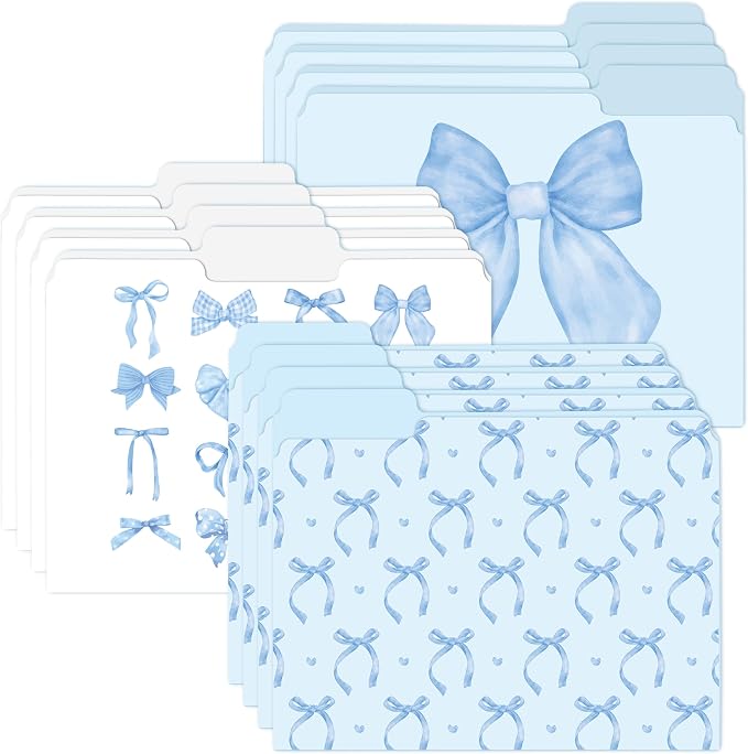 Xqumoi 12Pcs Coquette Blue Bow File Folders, Letter Size Bowknot Decorative File Pockets with 1/3 Cut Tab Pretty Colored Folders for Office Home Classroom Supplies Documents Paper, 8.9 x 11.6 Inch