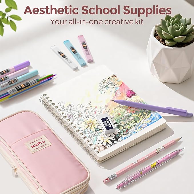 Nicpro 45PCS Aesthetic School Supplies with Pink Pen Case, Pastel Mechanical Pencils 0.5, 0.7, 0.9, 2mm with 462 PCS Lead Refills(4B 2B HB 2H 4H COLORS) Erasers For Student Writing Drawing
