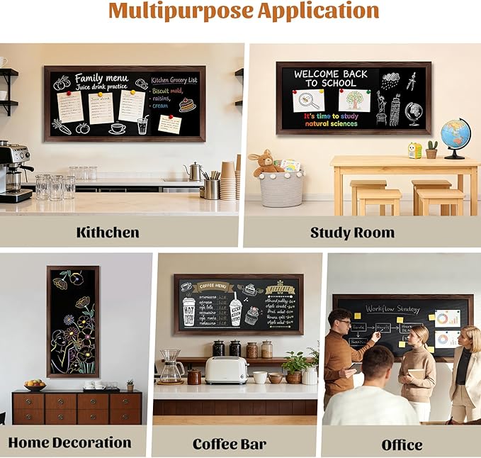 Large Magnetic Chalkboard for Wall, 58 x 25 Inch Solid Wood Framed Brown Magnetic Board, Wall Mounted Chalk Board for Kitchen, Restaurant, Food Truck and Calendar Board