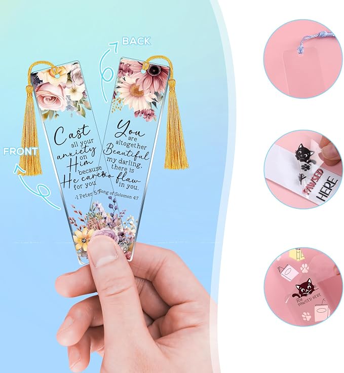 UV DTF Bookmark Wraps - 24 Sheets Bible Verse UVDTF Decals for Acrylic Bookmark Blanks, Double-Sided Printing Christian Flower Affirmative Rub on Transfer Stickers for Book Lover DIY Crafts