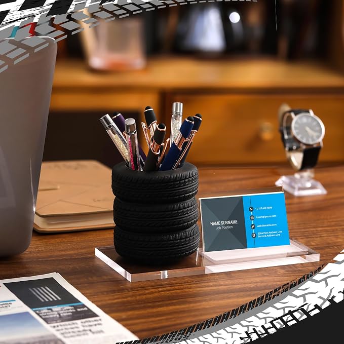 Sherr Tire Shaped Pen Holder Business Card Tire Shape Arylic Stationery Set Automotive Business Card and Car Salesman Pen Holder Office Desk Organizer for Men Cool Mechanics Gifts Car Lover(Clear)