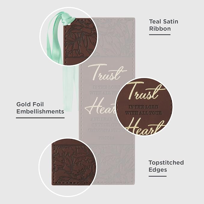 Christian Art Gifts Premium Vegan Faux Leather Scripture Bookmark for Men & Women: Trust in The Lord - Proverbs 8:5 Inspirational Bible Verse, Heat-Debossed, Reading Accessory w/Tassel, Floral Brown