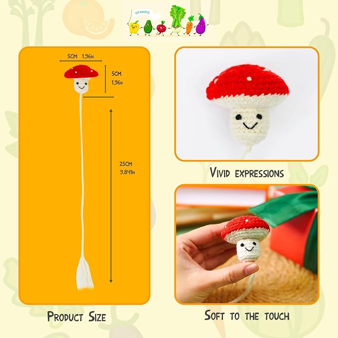 CharySim Crochet Mushroom Bookmark Set, 2PC Cute Handmade Mushroom Bookmarks for Women, 3D Aesthetic Funny Bookmark Gift for Book Lovers, Teacher Appreciation Gift