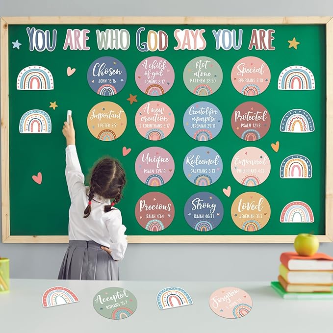 Christian Bulletin Board Decoration Religious Boho Rainbow Bulletin Board Set God Says You are Church Classroom Wall Decor Boho Motivational Inspirational Cutout for Sunday School Home Church Supplies